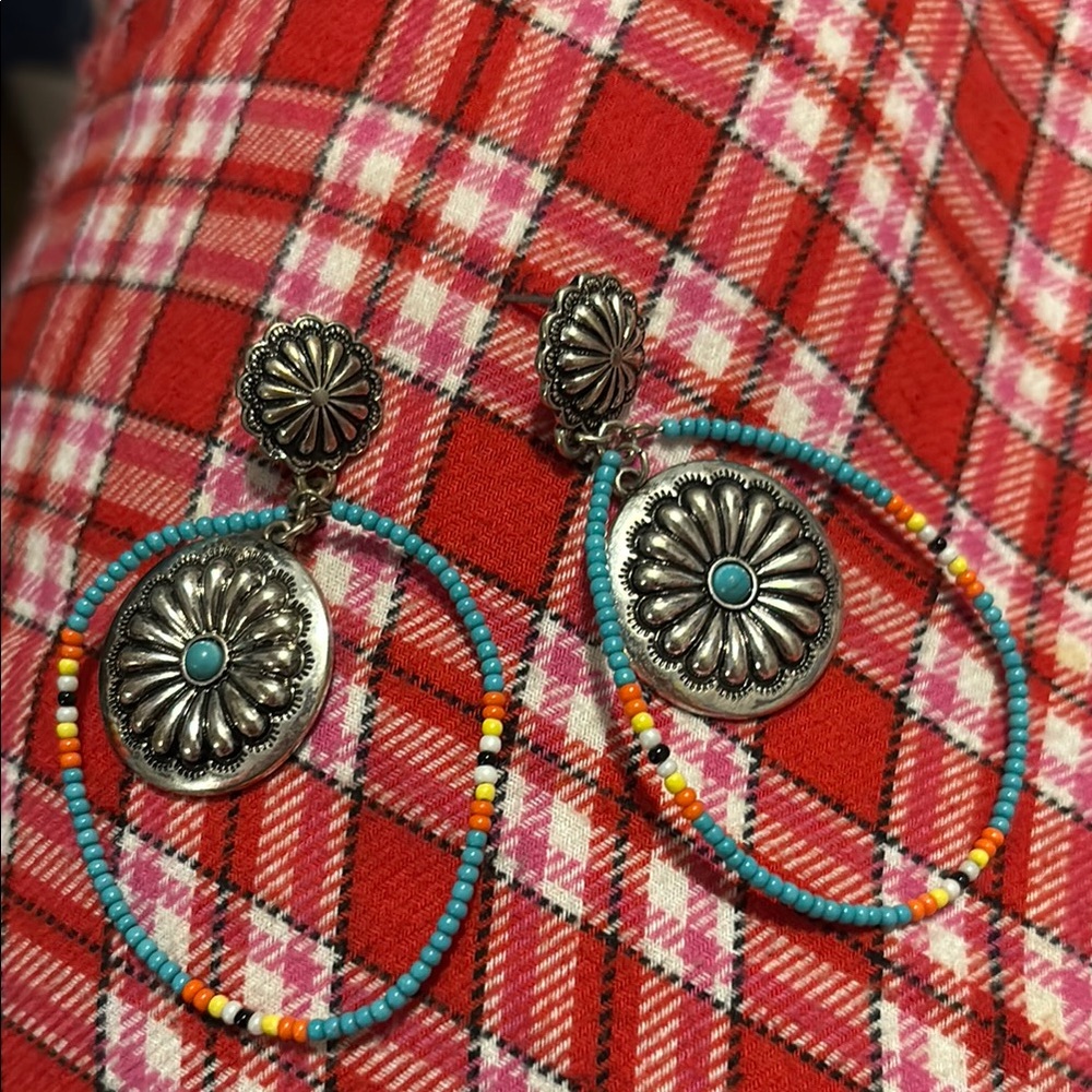 Turquoise and Silver Beaded Hoop Earrings